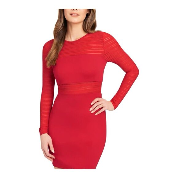 BeBe Red Long Sleeve Striped Mesh Mini Dress Size XS Party Formal Back Zipper - Picture 1 of 11